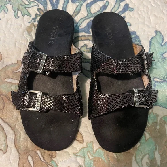 Vionic Black Sandals Double-Strap Casual Slip-On - Picture 1 of 7